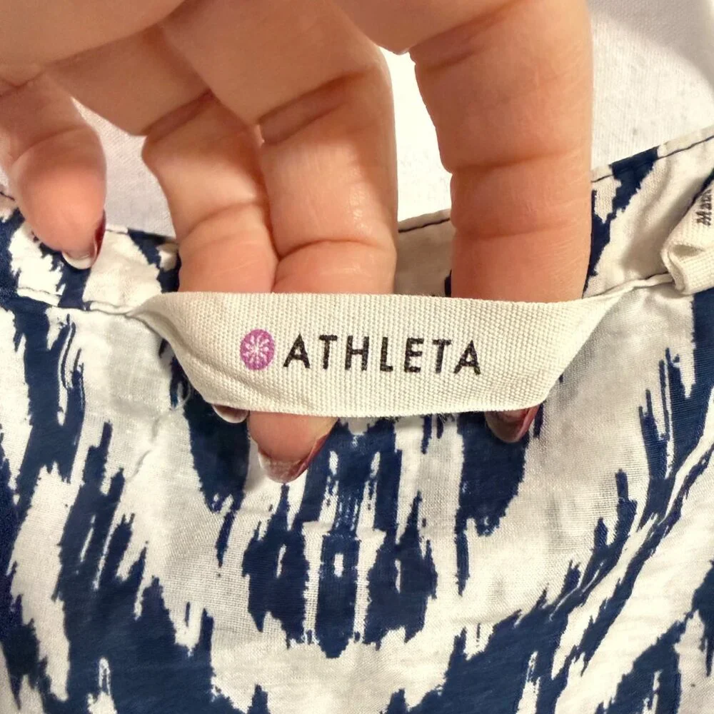 Athleta Blue White Printed Cotton‎ Silk Blend Kaftan Shirt Size M